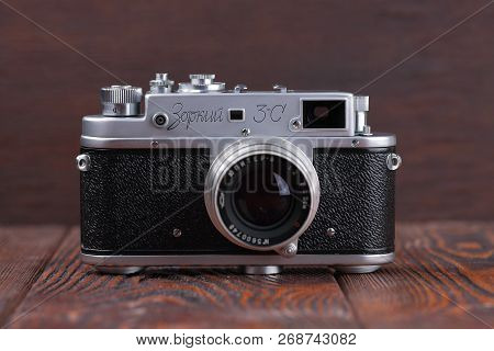 Moscow, Russia, April 18, 2017. The Old Soviet Rangefinder Camera Zorki-3c, Released1956.