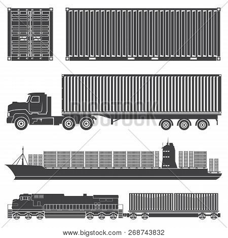 Vector Set Of Isolated Silhouettes Of The Container Train, Locomotive, Wagon With Containers, Trucks