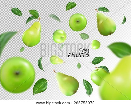 Vector Falling Green Apples And Pears Isolated On Transparent Background. The Fruit As A Whole. Real