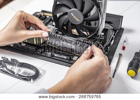 Uzhgorod, Ukraine - October 25, 2018: Installing Random Access Memory Kingston Ddr4 Hyperx Predator 