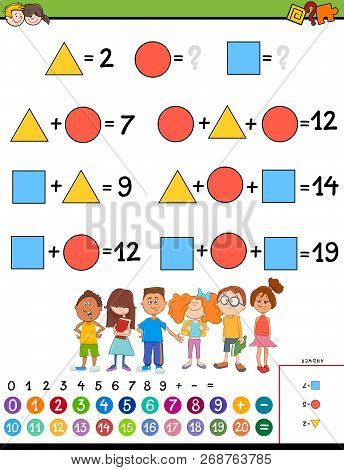 Cartoon Illustration Of Educational Mathematical Calculation With Unknown Puzzle Game For Children