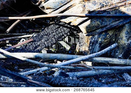Damaged Supermarket Sprinkler Fire Protection System Equipment After Arson Fire With Burn Black Dark