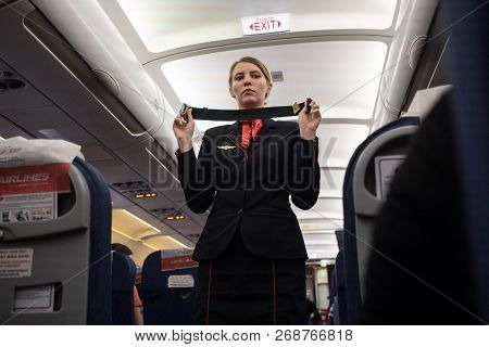 St. Petersburg, Russia- October 8, 2018: A Flight Attendant Of The Airline 