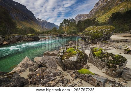 River Rauma In Romsdalen, Middle Norway, Late Summer.