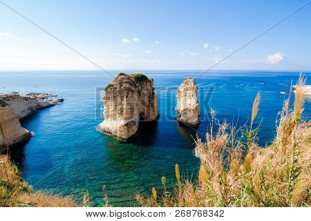 Pigeon Rocks At Raouche In Beirut, Lebanon, A 60-meter High Offshore Rock Couple