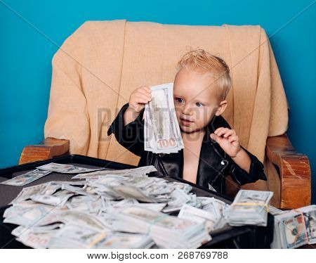 Work Hard Play Hard. Little Boy Count Money In Cash. Small Child Do Business Accounting In Startup C