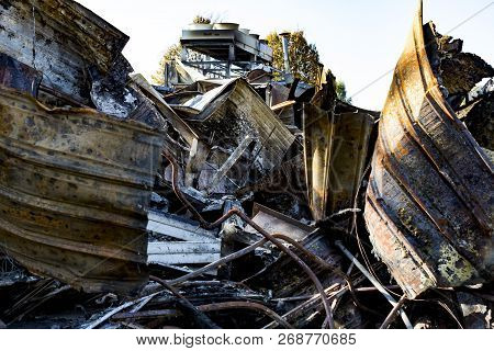 Damaged Supermarket Sprinkler Fire Protection System Equipment After Arson Fire With Burn Black Dark