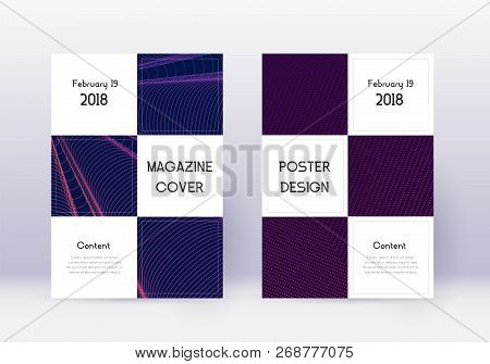Business Cover Design Template Set. Violet Abstract Lines On Dark Background. Beauteous Cover Design