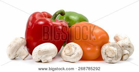 Many Champagne And Color Pepper On White Background