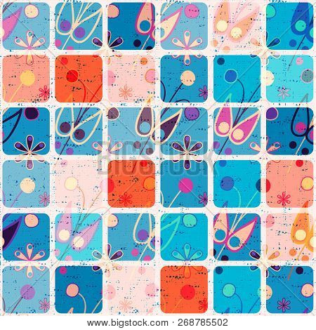 Colorful Seamless Pattern With Ornament And Squares. Vector Geometrical Wallpaper. Squares Mozaic Wa