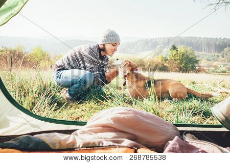 Woman And Her Dog Tender Scene Near The Camping Tent. Active Leisure, Traveling With Pet6 Simple Thi