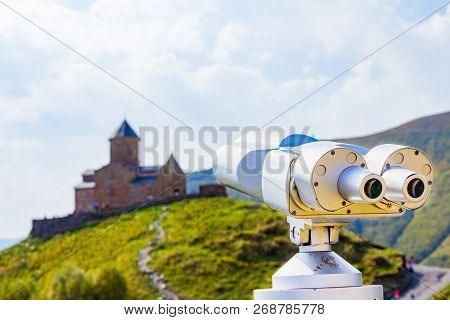View Point Binoscope Directed Towards To Gergeti Trinity Church Tsminda Sameba Holy Church Near The 