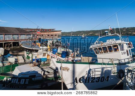Dalcahue, Chile - March 21, 2015: Fishing Boats In Dalcahue Village, Chiloe Island Chile