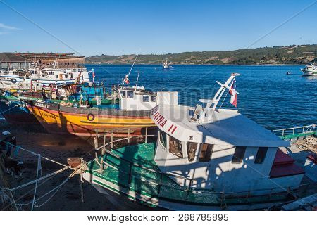 Dalcahue, Chile - March 21, 2015: Fishing Boats In Dalcahue Village, Chiloe Island Chile