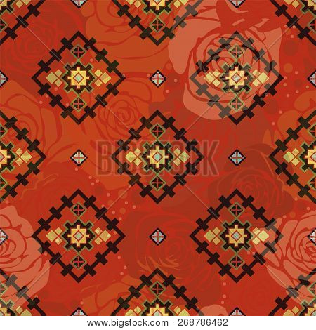 Colorful Seamless Pattern With Ornament And Squares. Vector Geometrical Wallpaper. Squares Mozaic Wa