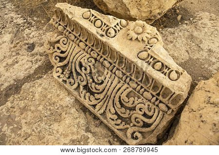 Carved Decors Of Ancient Heliopolis. Baalbek, Bekaa Valley, Lebanon.