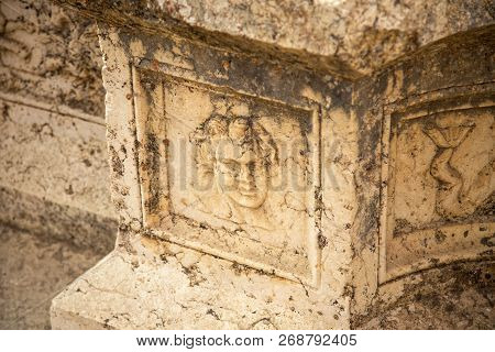 Carved Decors Of Ancient Heliopolis. Baalbek, Bekaa Valley, Lebanon.