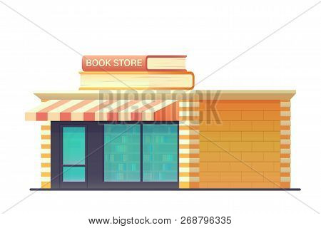 Book Shop Store Building Isolated On White Background. Shop Building With A Glass-glazed Storefront.