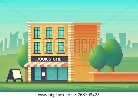 Book Shop Store Building In Cityscape With Books In The Form Of Signs. Shop Building With A Glass-gl