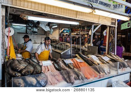 Santiago, Chile - March 28, 2015: Fresh Fish And Seafood On Mercado Central Market In The Center Of 