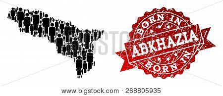 People Crowd Composition Of Black Population Map Of Abkhazia And Grunge Seal. Vector Red Seal With G