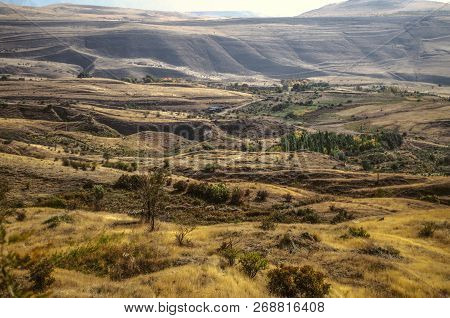 Hilly Valley, With Small Villages And Yellowed Autumn Rural Fields, Located In The Mountains Geghama