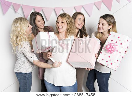 Best Friends On Baby Shower Party Celebrating Giving Kid Stuff As Present