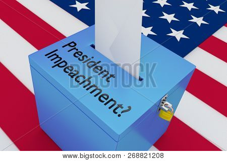 3d Illustration President Impeachment? Script On A Ballot Box, With Us Flag As A Background.