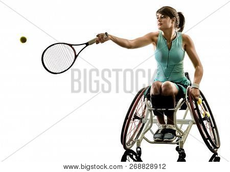 one caucasian young ped tennis player woman in welchair sport tudio in silhouette isolated on white background