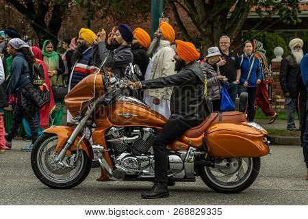 Vancouver, Canada - April 14, 2018: People From Sikh Motorcycle Club On The Street During Annual Ind