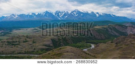Summer in Kurai steppe and North-Chui ridge of Altai mountains, Russia. Cloud day.