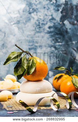 Traditional Japanese Kagami Mochi For New Year Celebration. Sweet Rice Cakes For Luck In New Year