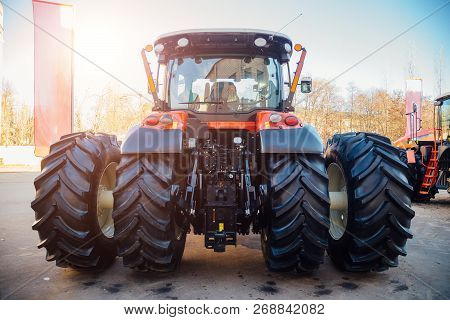 Rear View Of Modern Agricultural Tractor. Hydraulic Hitch. Lifting Frame. Rear Mechanism For Attachi