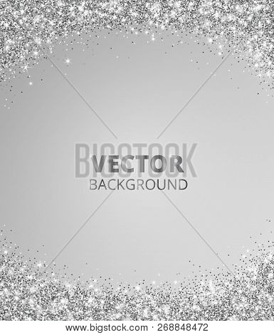 Sparkling Glitter Border, Frame. Falling Silver Dust On Gray Background. Vector Glittering Decoratio