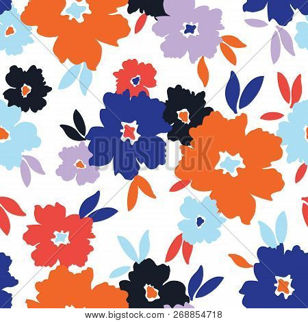 Colourful Graphic Large Scale Floral Vector Seamless Pattern. Simplistic Oversized Hand Drawn Blooms