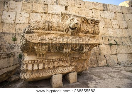 Carved Decors Of Ancient Heliopolis. Baalbek, Bekaa Valley, Lebanon.