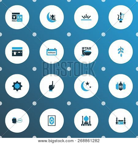 Holiday Icons Colored Set With Hajj, Mecca, Worship And Other Bowl Elements. Isolated  Illustration 