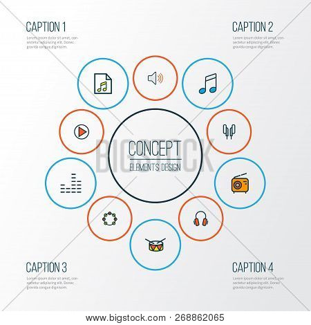 Music Icons Colored Line Set With Timbrel, Radio, Drum And Other List Elements. Isolated  Illustrati