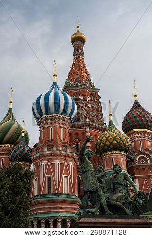 The Monument To Minin And Pozharsky On Background Of Russian Cathedral On The Red Square In Moscow