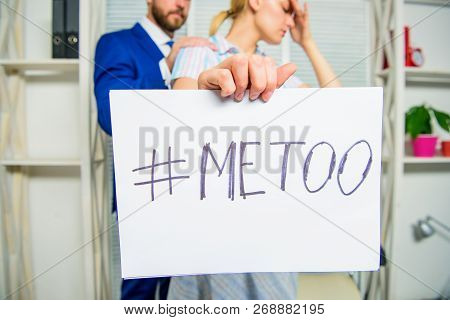 Girl Hold Poster Hashtag Me Too While Colleague Calm Down Her. Share Assault Story. Discrimination A
