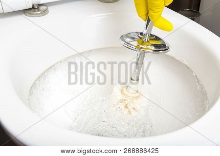 The Cleaner In The Bathroom Washes The Toilet With A Brush. Close Up.