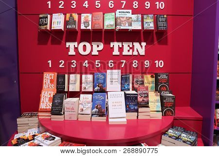Gothenburg, Sweden - August 28, 2018: Book Bestsellers At A Bookstore At Gothenburg Landvetter Airpo