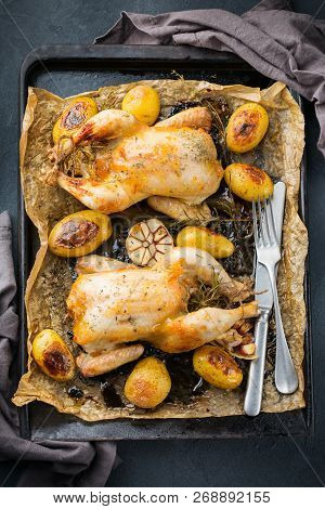 Roasted Chicken With Spices, Herbs, Garlis, Small Potatoes