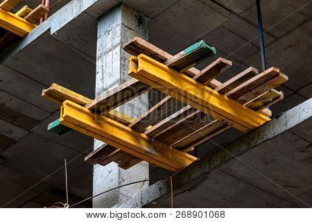 Close Up Wooden Beams At Modern Construction Site Of Building