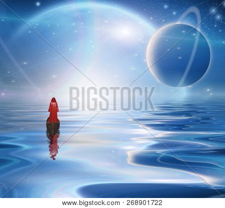 Exosolar Planets Rise over quiet waters. Figure in red cloak floats in boat. 3D rendering