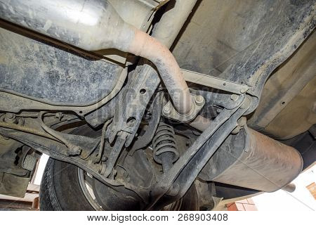 Bottom View Of A Car. Forged Car For A Hundred. Car Repair. Car View From Below.