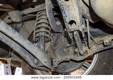 Bottom View Of A Car. Forged Car For A Hundred. Car Repair. Car View From Below.