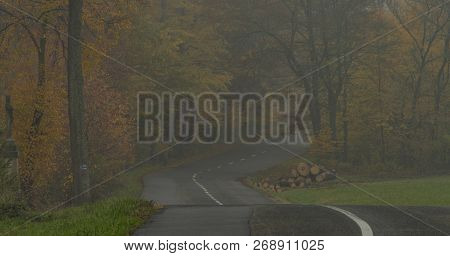 Nice Asphalt Road In Dark Misty Day Near Luhacovice Town In Moravia