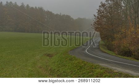 Nice Asphalt Road In Dark Misty Day Near Luhacovice Town In Moravia