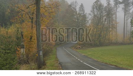 Nice Asphalt Road In Dark Misty Day Near Luhacovice Town In Moravia